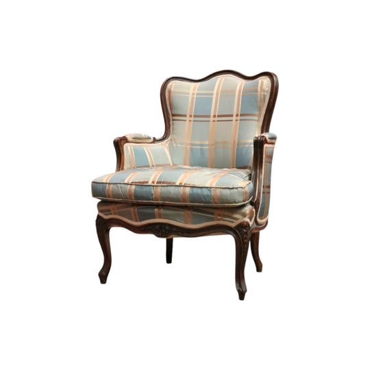 Antique English Mahogany Armchair – Blue Teal Silk, Down Cushion. B12568