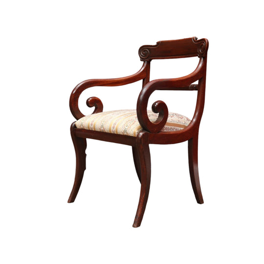 Antique English Mahogany Armchair with Scroll Arms and Floral Upholstery. B12639