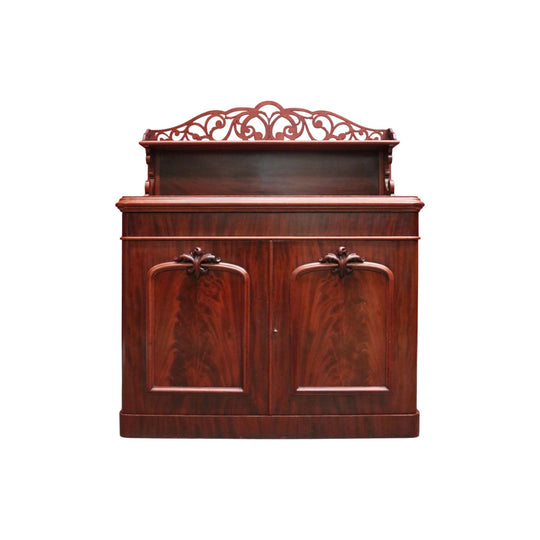 Antique English Mahogany Chiffonier – Fretwork Back, Hidden Drawer, Key Included