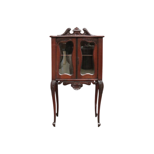 Antique English Mahogany Hall Cabinet – Glass Doors, Carved Detail, with Key. B12595
