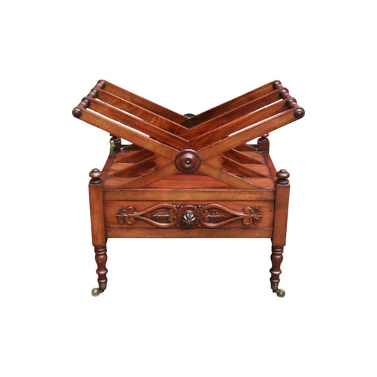 Antique English Mahogany Music Canterbury – X-Frame Dividers, Drawer & Brass Castors. B12539