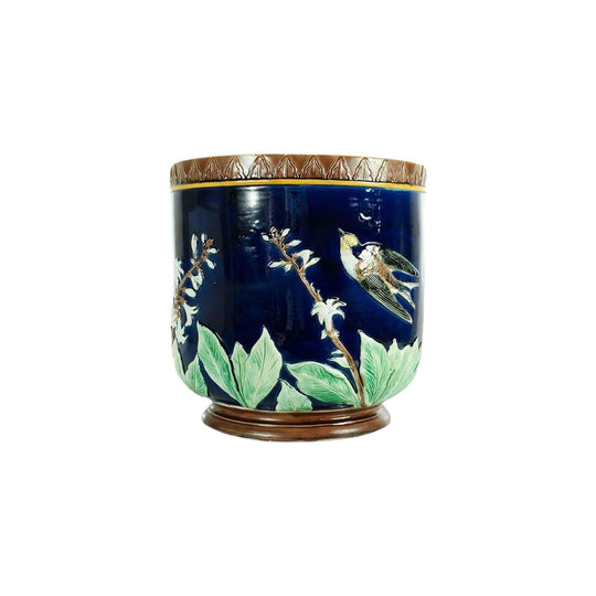Antique English majolica large cobalt blue ground jardiniere