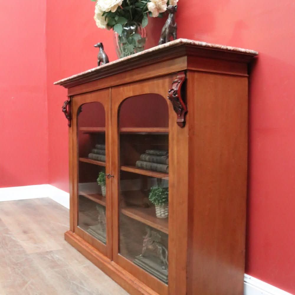 Antique English Marble - Top Bookcase or China Cabinet – Glass Doors, Keys, Shelves. B12532 | Bazaa | Designer, Vintage and Antique Furniture