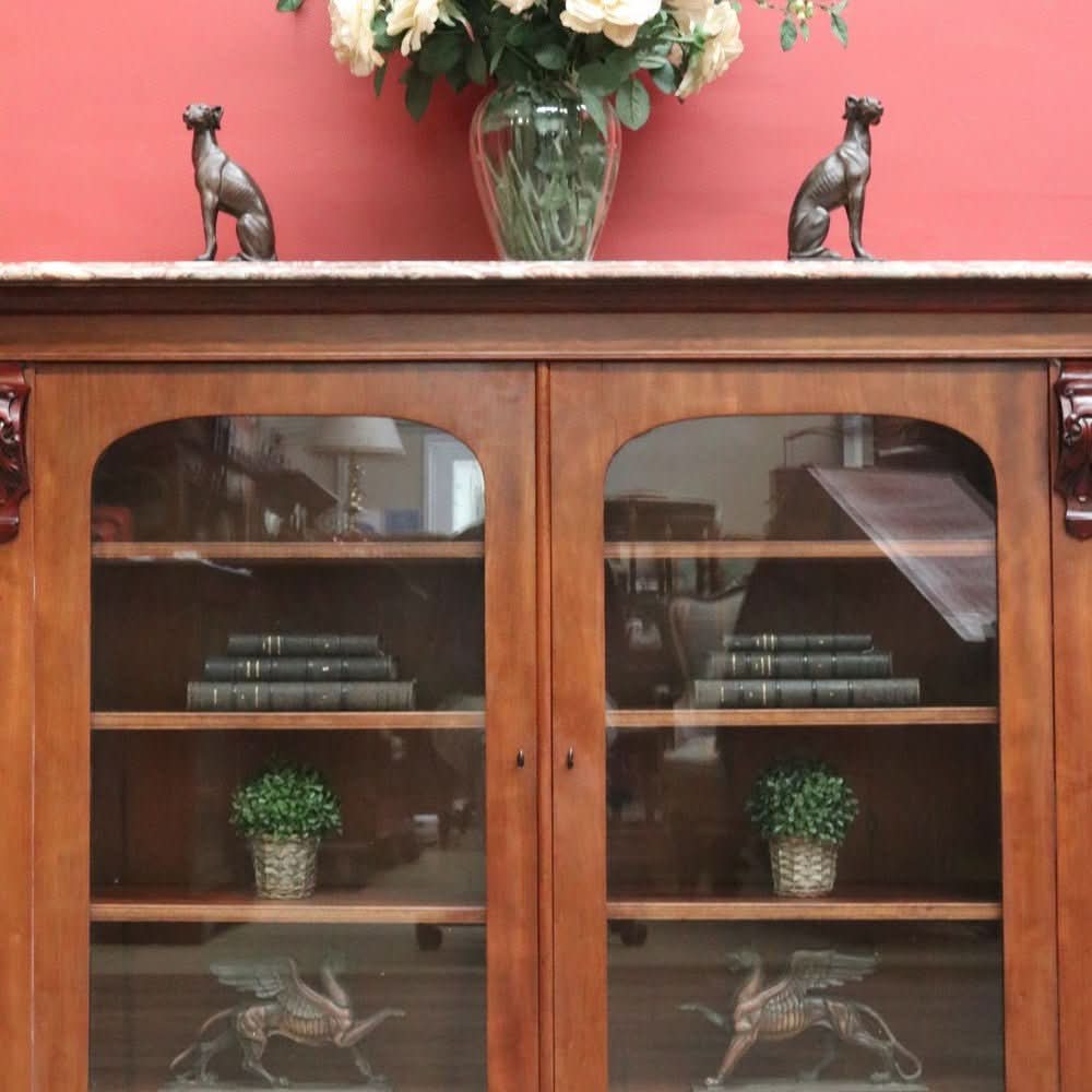 Antique English Marble - Top Bookcase or China Cabinet – Glass Doors, Keys, Shelves. B12532 | Bazaa | Vintage, Designer and Antique Interiors