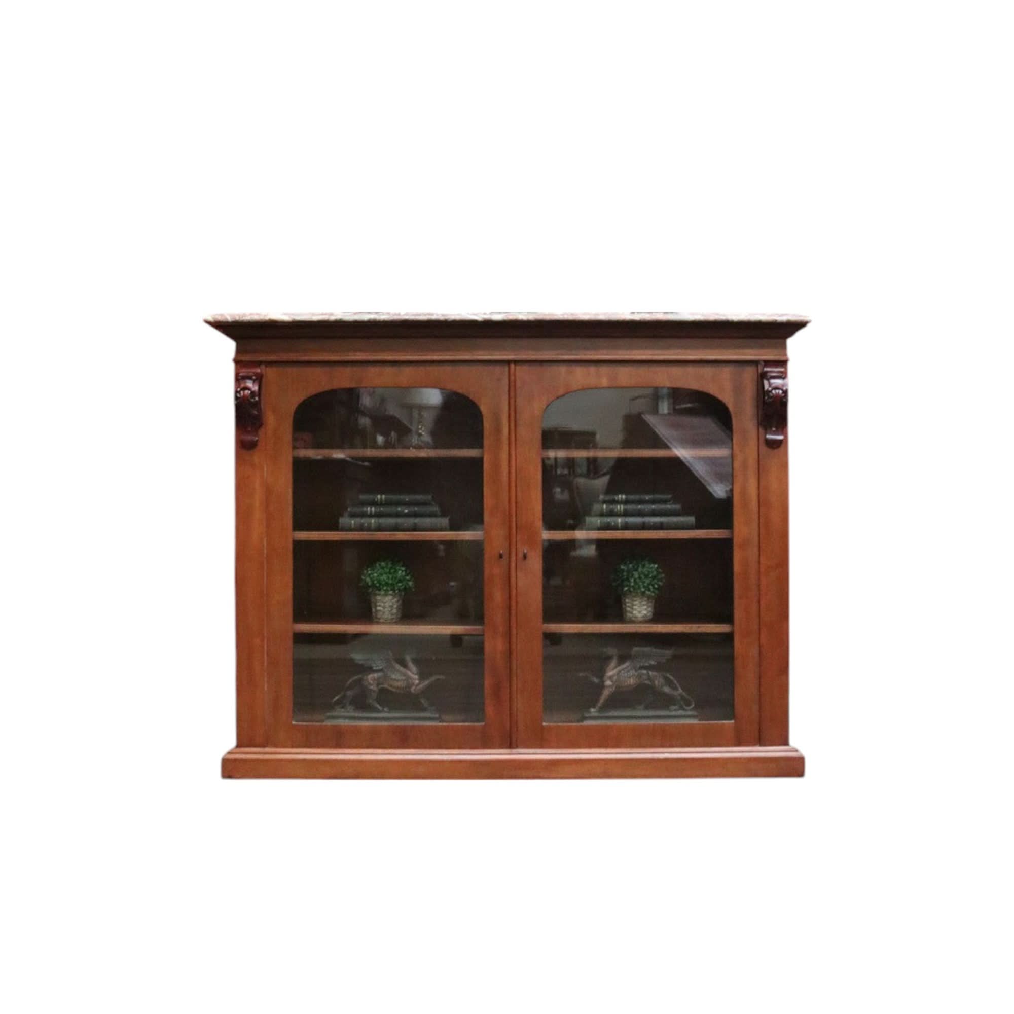 Antique English Marble - Top Bookcase or China Cabinet – Glass Doors, Keys, Shelves. B12532 | Bazaa | Designer, Vintage and Antique Furniture