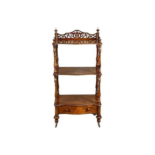 Antique English mid Victorian period 1850s three tier Walnut Etagere / Whatnot Stand with drawer.