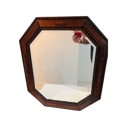 Antique English Oak framed mirror with bevelled edge glass