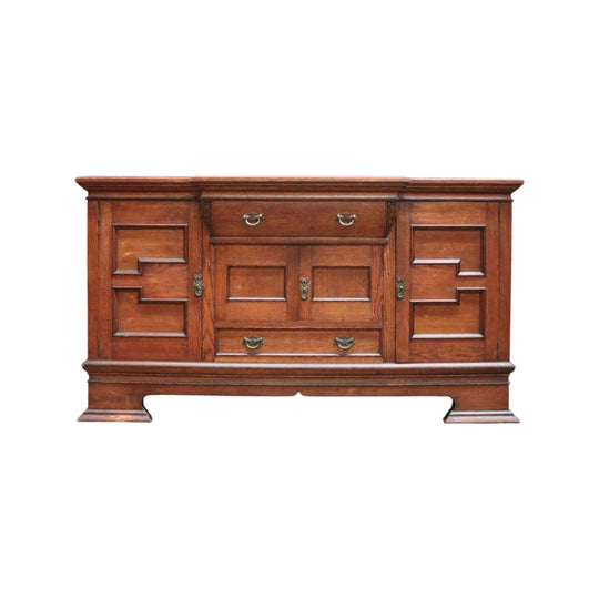 Antique English Oak Sideboard Cabinet with Four Doors and Two Drawers.