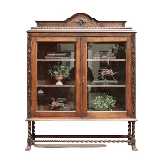 Antique English Oak Two Door Bookcase China Cabinet with Glass Doors and Key. B13089