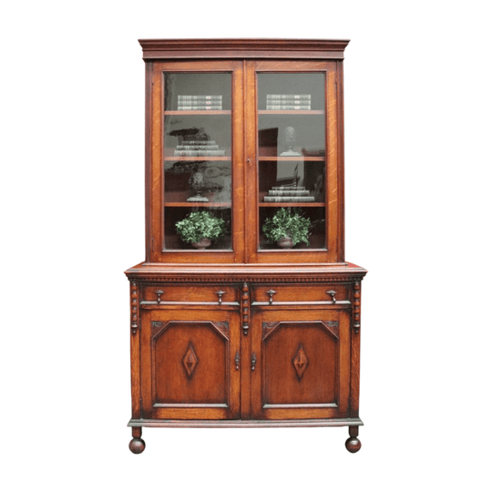 Antique English Oak Two Height Bookcase, Glazed Doors Panel Cupboard and Drawers. B13088
