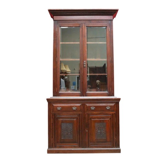 Antique English Pine Two Height Bookcase Glass Upper Doors. B12963