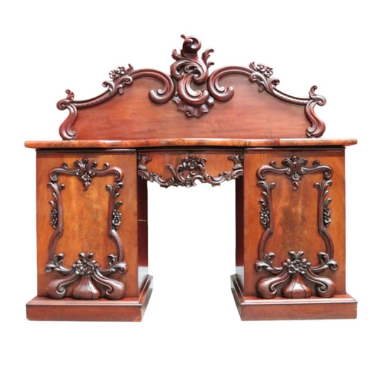 Antique English Twin Pedestal Sideboard, Flame Mahogany Carved Detail. B12959