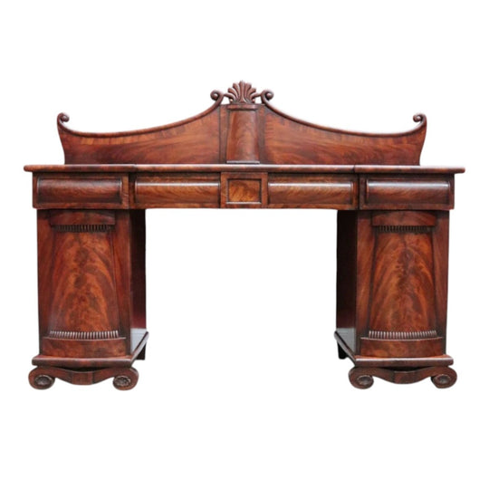 Antique English Twin Pedestal Sideboard Scrolled Backboard c1830. B12987