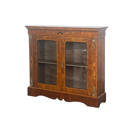 Antique English Victorian Inlaid Walnut Display Cabinet.
