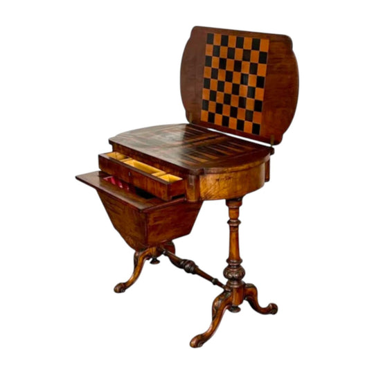 Antique English Victorian Inlaid Walnut Games Table.