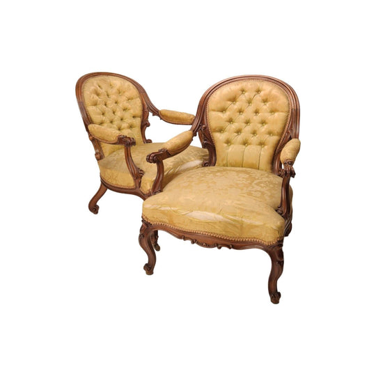 Antique English Victorian Pair of  Walnut Salon Chairs / Fauteuils