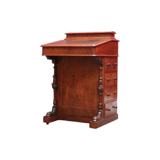 Antique English Walnut Davenport Desk with Gilt Tooled Leather Top