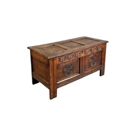 Antique English William III / Queen Anne Oak panelled and carved lidded Coffer circa 1700