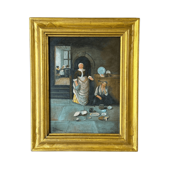 Antique European School Painting of Dutch Domestic Scene - Late 19th Century