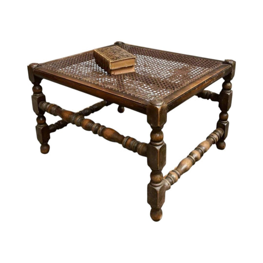Antique French Beech & Cane Footrest | 19th Century Oak Footstool