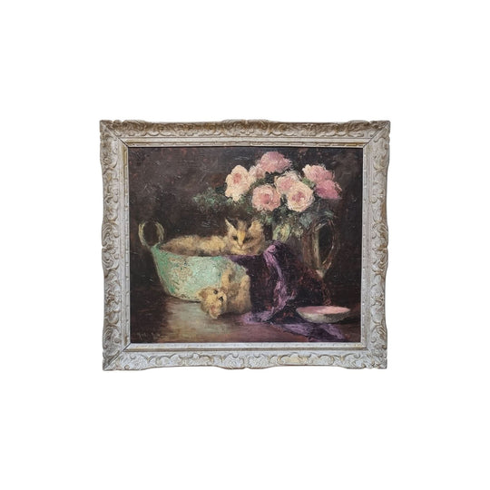 Antique French / Belgium cats  still life oil painting