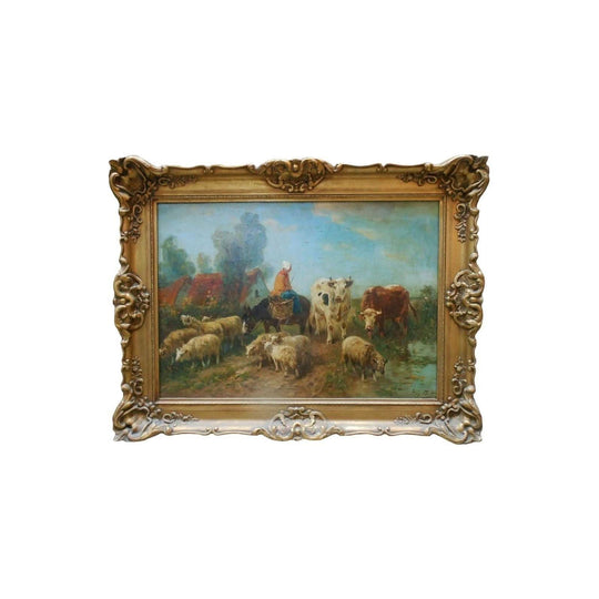 Antique French Belgium farmyard oil painting