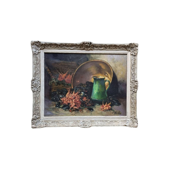 Antique French Belgium still life oil painting of seafood