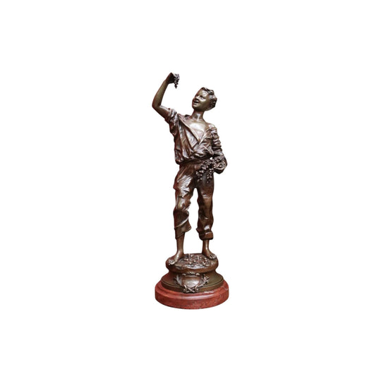 Antique French Bronze and Marble Plinth Base, Signed Lavergne, Boy with Grapes.