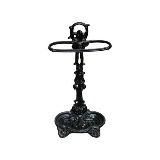 Antique French Cast Iron Umbrella Stand with Drip Tray and Decorative Black Enamel Finish. B12500