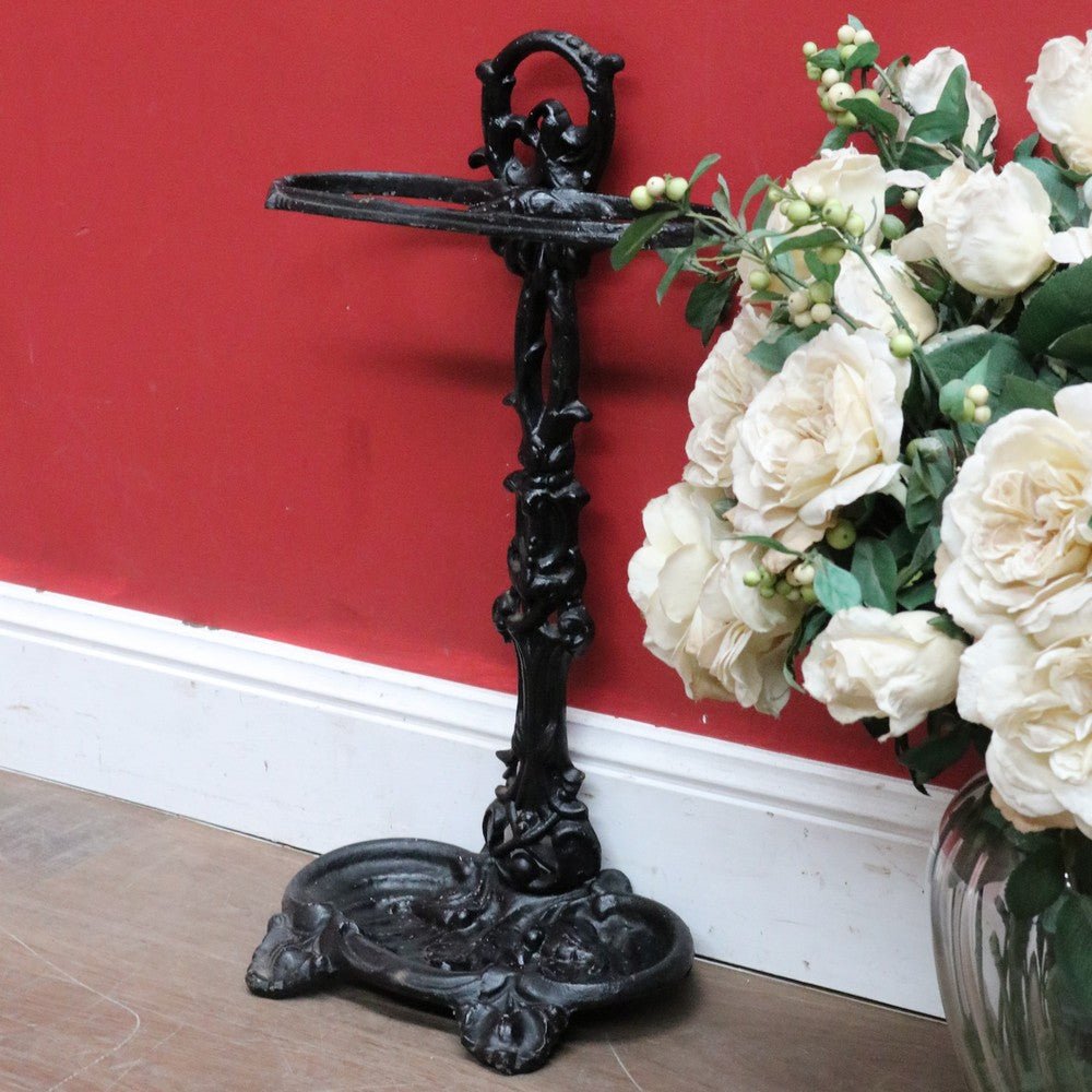 Antique French Cast Iron Umbrella Stand with Drip Tray and Decorative Black Enamel Finish. B12500 | Bazaa | Designer, Vintage and Antique Furniture