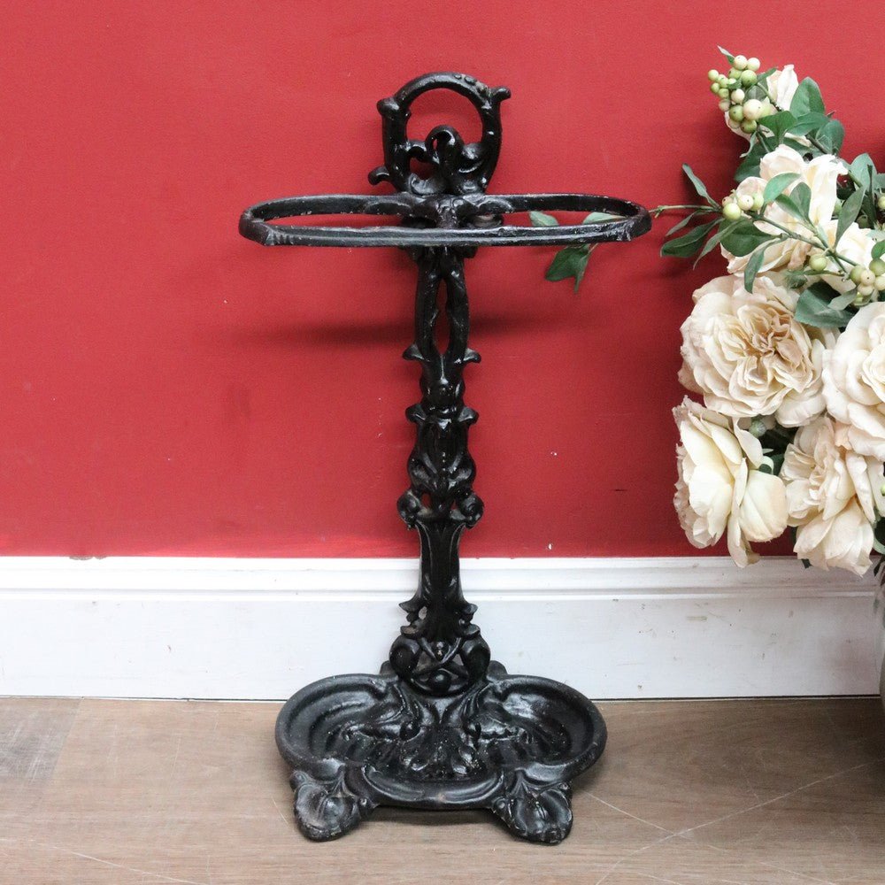 Antique French Cast Iron Umbrella Stand with Drip Tray and Decorative Black Enamel Finish. B12500 | Bazaa | Designer, Vintage and Antique Furniture