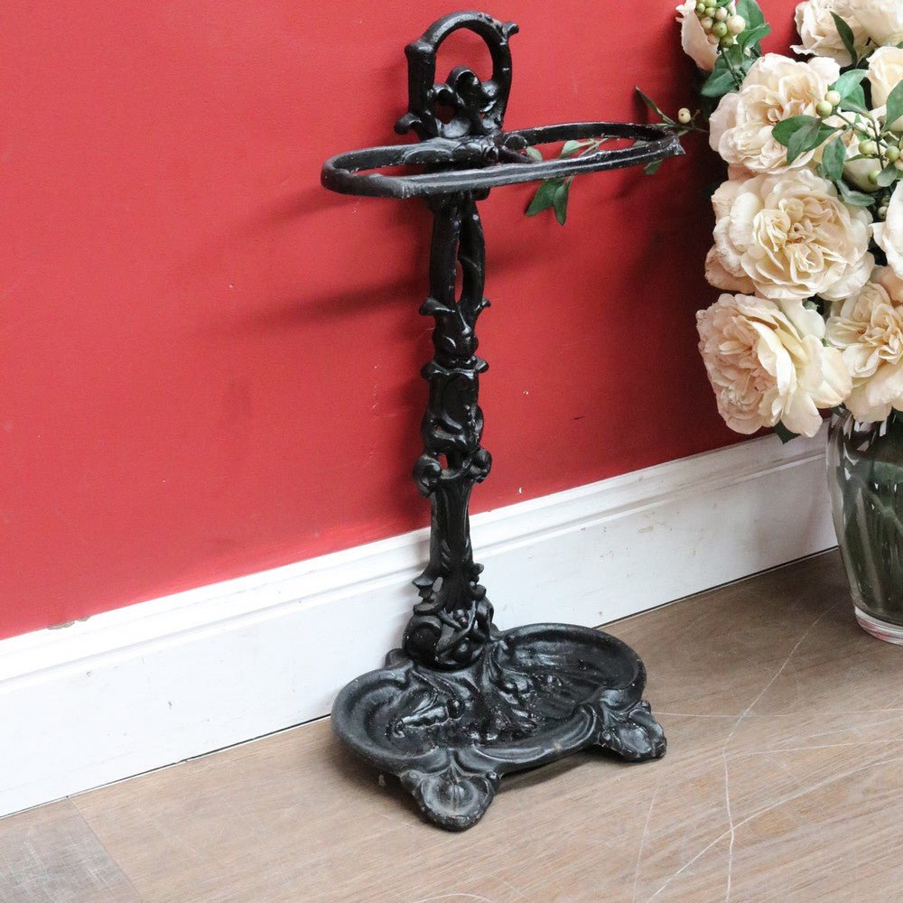 Antique French Cast Iron Umbrella Stand with Drip Tray and Decorative Black Enamel Finish. B12500 | Bazaa | Designer, Vintage and Antique Furniture