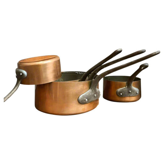 Antique French Copper Pots Set - 19th Century Brass Handle Saucepans