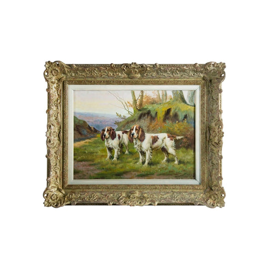Antique French Belgium dog oil painting