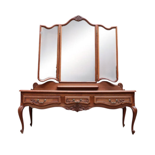Antique French dressing table with tall bevelled tri fold mirrors and three drawers. B12729