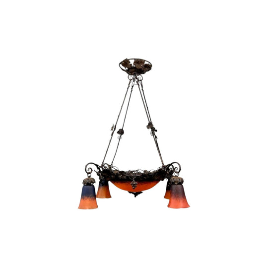 Antique French early 1900s Wrought Iron and Glass Ceiling Light.