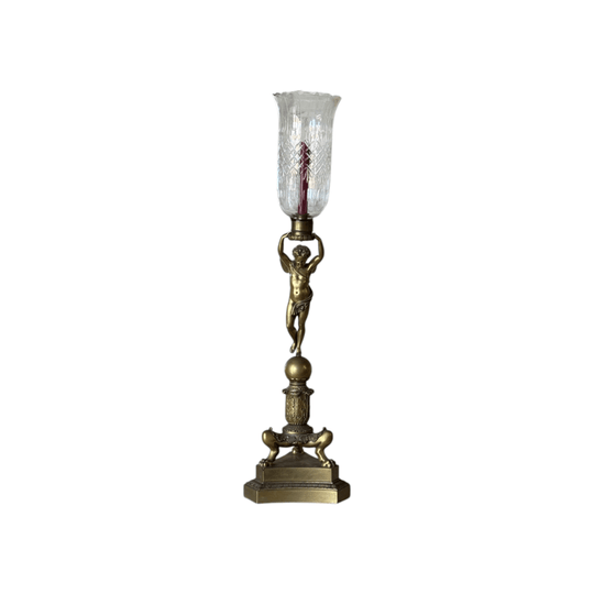 Antique French Empire Revival Gilt Bronze Figural Candlestand with Cut Glass Hurricane