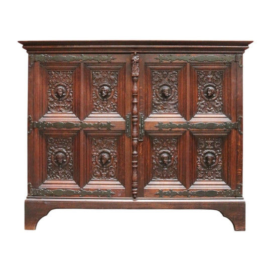 Antique French Gothic Revival Cabinet with Intricate Carved Panels Linen Fold Sides Adjustable Shelves and Key. B12717