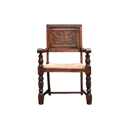 Antique French Hall Chair, an Oak and Rush Seat Carver, Office Chair or Armchair
