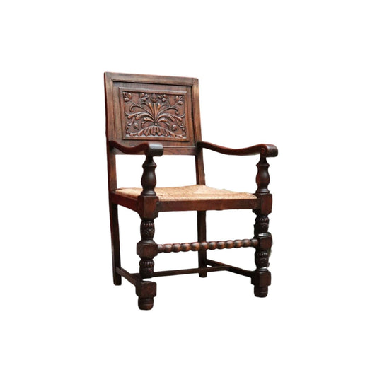 Antique French Hall Chair, an Oak and Rush Seat Carver, Office Chair or Armchair.