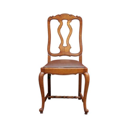 Antique French Hall or Office Chair with Turned H Stretcher Scroll Feet Ornate Splat Back and Padded Seat. B12814