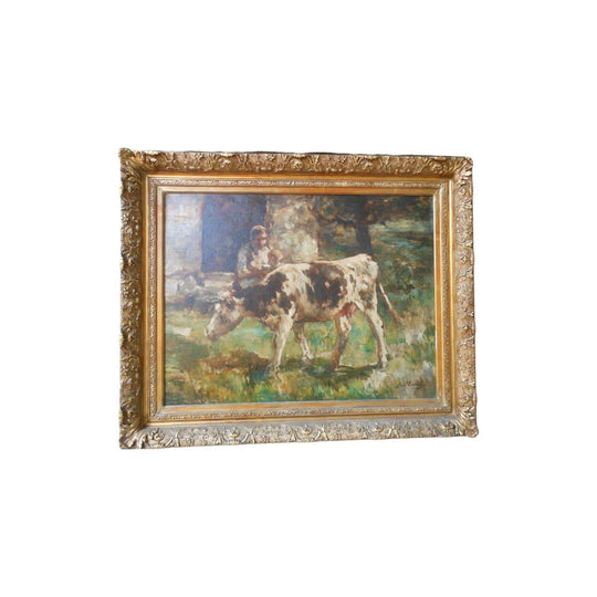 Antique French impressionist cattle oil painting