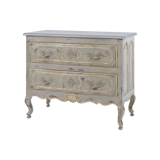 Antique French Louis XV style commode with a lovely time worn grey patina and hand carved coquille shell carvings and raised panel drawer fronts from Provence