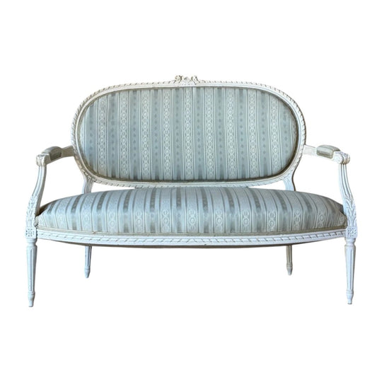Antique French Louis XVI Painted Settee with Oval Back and Grey and Ivory Striped Upholstery