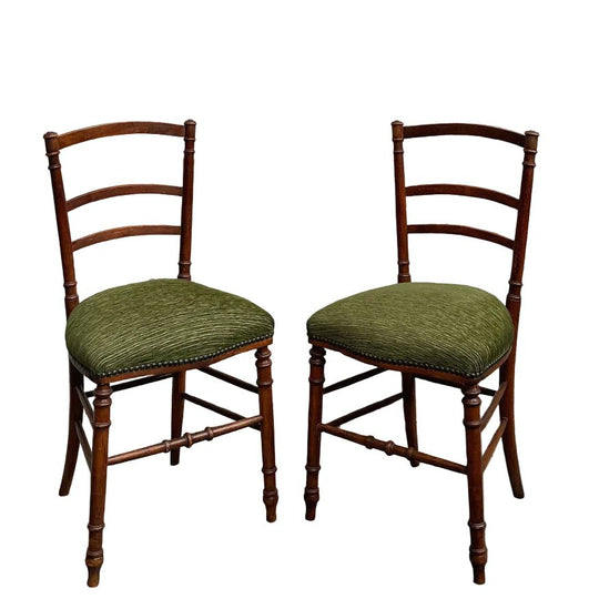 Antique French Louis XVI Style Opera Chairs (Pair), Walnut Frames, Green Upholstery, Late 19th Century