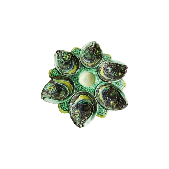Antique French majolica fish head decorated oyster plate