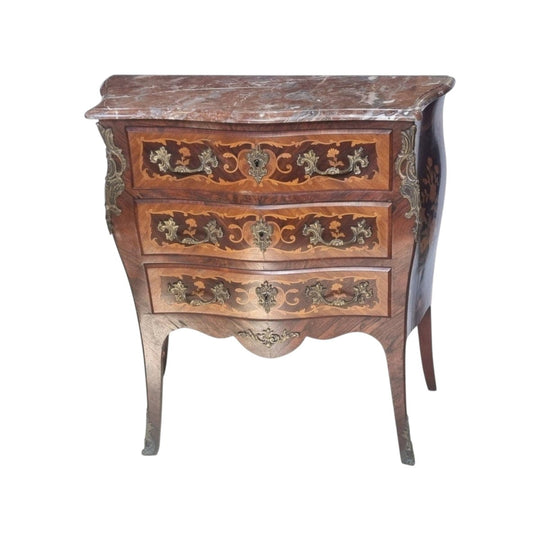 Antique French marble top marquetry inlaid commode