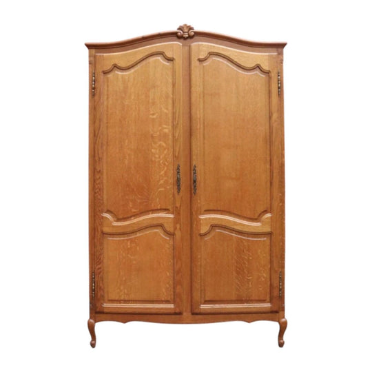 Antique French Oak 2 Door Wardrobe Cloak Cabinet with Hanging Rail and Shelves. B12760