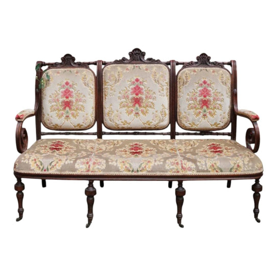 Antique French Oak 3 Seat Settee Chaise Upholstered Palour Lounge B13012