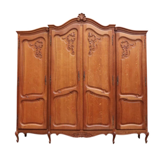 Antique French Oak 4 Door Breakfront Wardrobe Armoire with Hanging Rail and Shelves. B12804